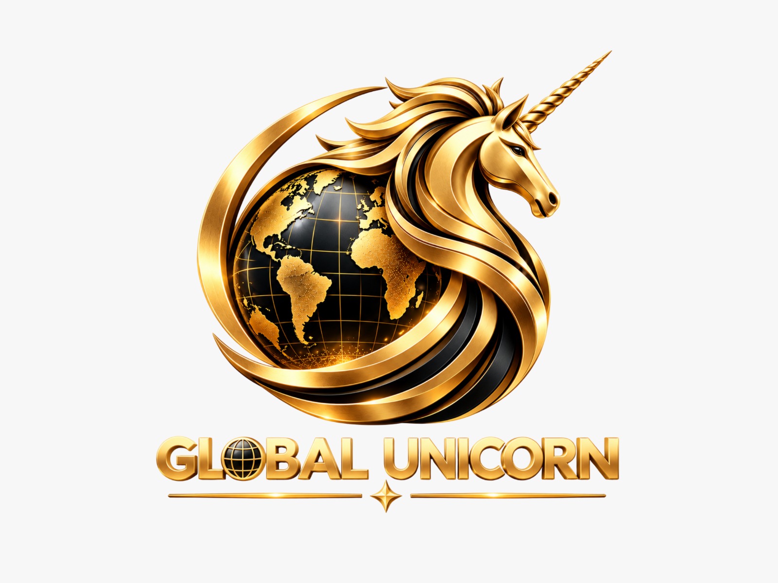 Global Unicorn golden unicorn and globe logo